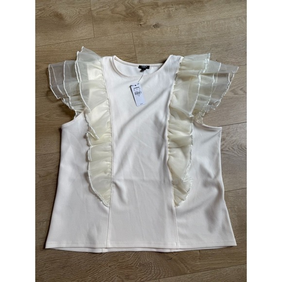 Express Tops - NWT Express Skimming Crew Neck Tulle Flutter Sleeve Tee ivory blouse size M $68